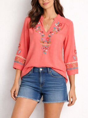 Kyla Seo Boho Blouse Top Coral Embroidered